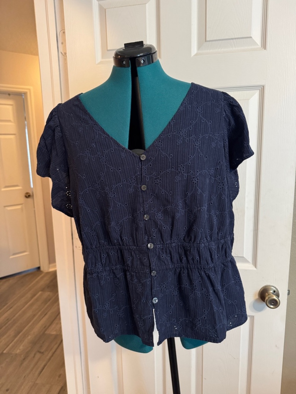 Time and Tru Navy Eyelet Button-Front Peplum Blouse